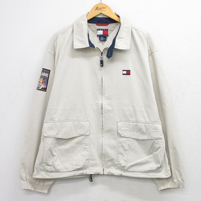 XL★古着 トミーヒルフィガー 長袖 ブランド ジャケット スイングトップ メンズ 90年代 90s ワンポイントロゴ ハードロックホテル 大きいサイズ ベージュ【spe】 26feb25