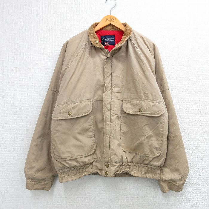XL★古着 マンハッタン 長袖 ジャケット メンズ 80年代 80s 大きいサイズ 襟コーデュロイ ラグラン ベージュ 内側キルティング【spe】 26mar04