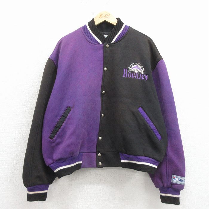 XL★古着 長袖 ジャケット スタジャン メンズ 90年代 90s MLB コロラドロッキーズ 刺繍 USA製 黒 メジャーリーグ ベースボール 野球【spe】 26mar05