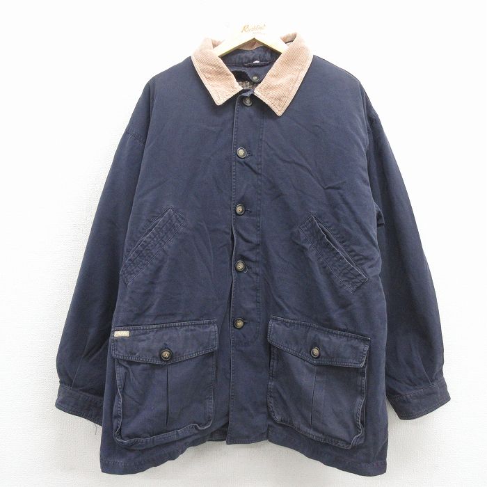 XL★古着 CINTAS 長袖 ジャケット メンズ 大きいサイズ ロング丈 襟コーデュロイ コットン 紺 26mar05