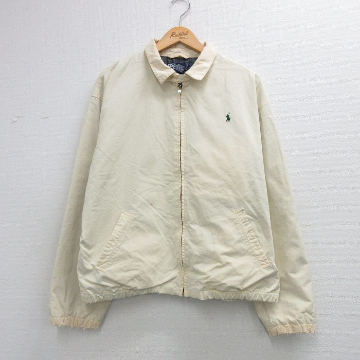 XL★古着 ラルフローレン 長袖 ブランド ジャケット スイングトップ メンズ 90年代 90s ワンポイントロゴ ボロ 大きいサイズ コットン 薄ベージュ 内側フランネル 26apr07