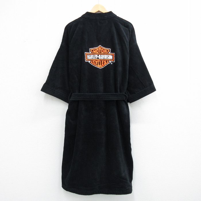 XL★古着 ハーレーダビッドソン 長袖 ガウン 羽織り メンズ ビッグロゴ 刺繍 タオル地 大きいサイズ ロング丈 コットン 黒 26may02