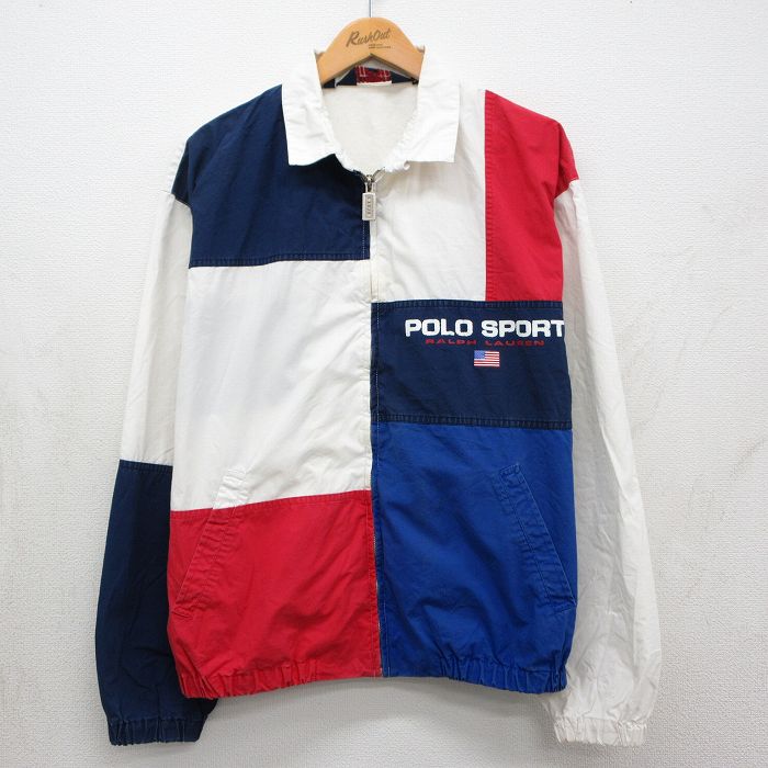 XL★古着 ラルフローレン ポロスポーツ 長袖 ブランド ジャケット スイングトップ メンズ ワンポイントロゴ マルチカラー 大きいサイズ コットン 白他【spe】 26may07