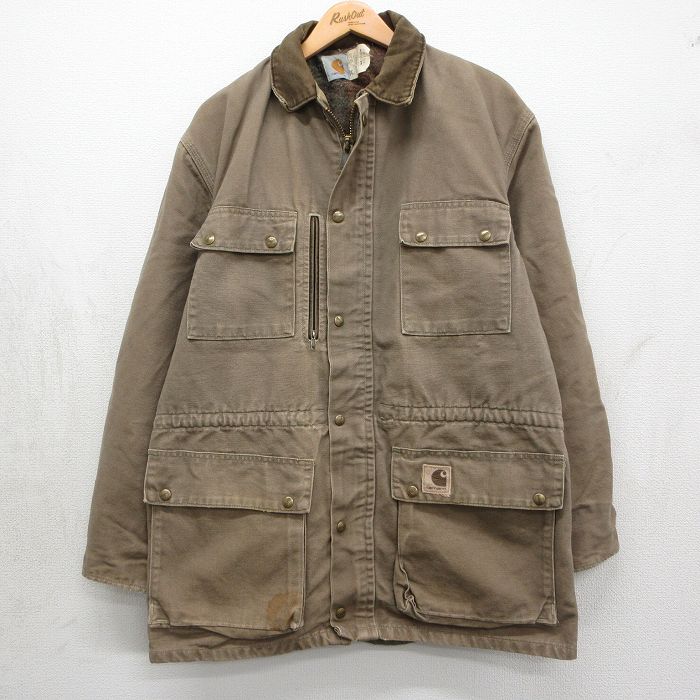 XL★古着 カーハート 長袖 ジャケット メンズ 90年代 90s ダック地 ロング丈 コットン USA製 茶系【spe】 26may07