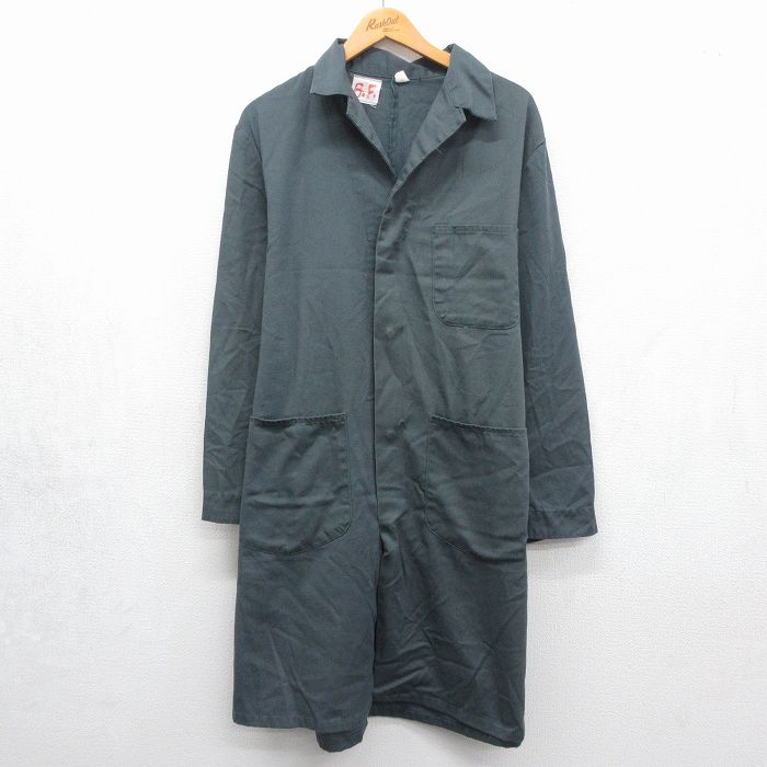 L★古着 長袖 ワーク ショップ コート メンズ 80年代 80s ロング丈 グリーン【spe】 26jul24