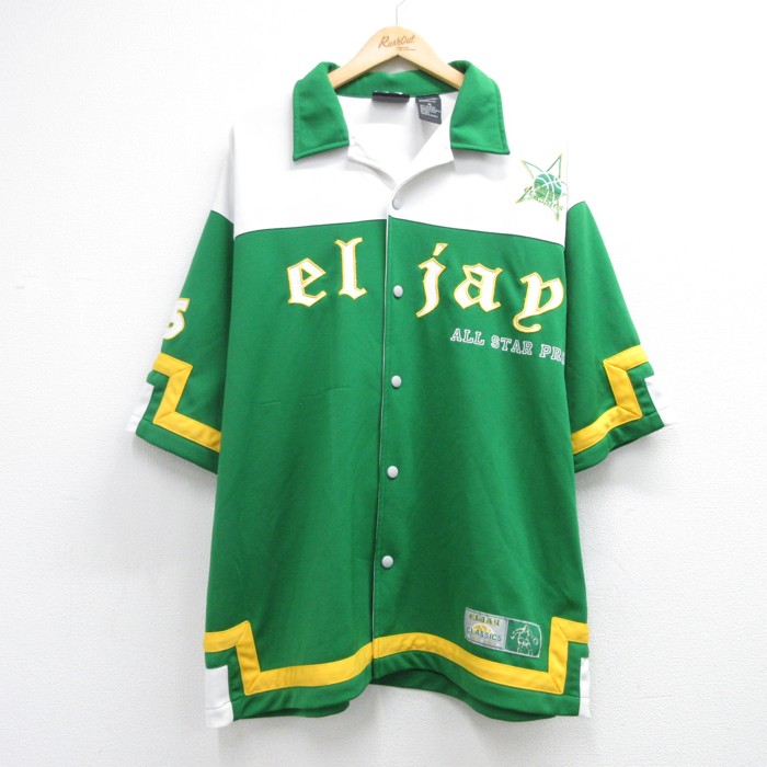 XL★古着 el jay 半袖 ジャケット メンズ 90年代 90s オールスター スナップボタン ポリエステル オープンカラー グリーン 26aug17