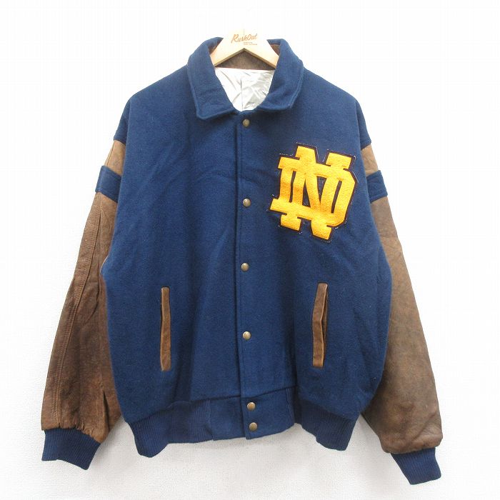 XL★古着 長袖 スタジャン メンズ ND 袖レザー 大きいサイズ ツートンカラー 紺 ネイビー 25oct02 中古 アウター ジャンパー ブルゾン