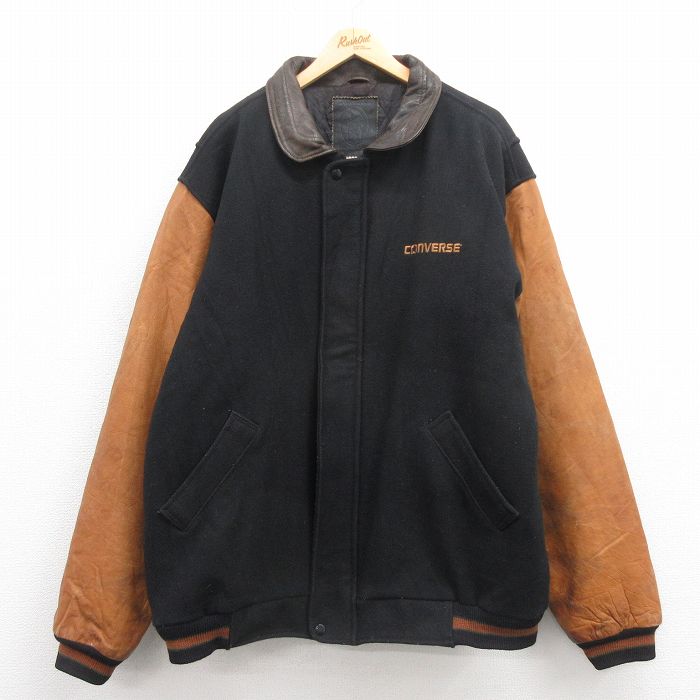 XL★古着 ゴールデンベア 長袖 スタジャン メンズ 90年代 90s コンバース 袖レザー 大きいサイズ ロング丈 ツートンカラー USA製 黒 ブラック 内側キルティング 【spe】 25oct02 中古 アウター ジャンパー ブルゾン