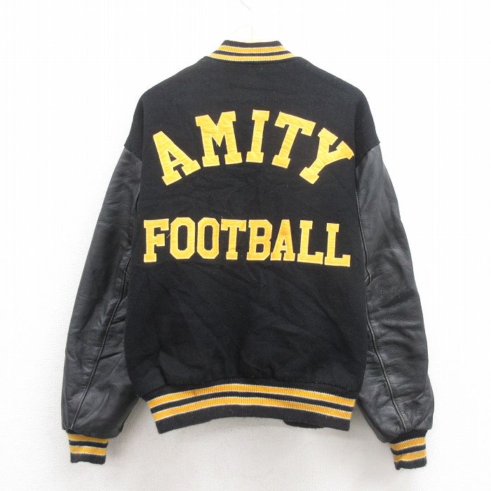 XL★古着 デロング 長袖 スタジャン メンズ 90年代 90s AMITY 袖レザー USA製 黒 ブラック 内側キルティング 25oct02 中古 アウター ジャンパー ブルゾン