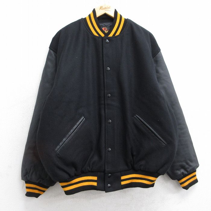 XL★古着 長袖 スタジャン メンズ 90年代 90s 袖レザー 大きいサイズ ウール USA製 黒 ブラック 内側キルティング 【spe】 25oct20 中古 アウター ジャンパー ブルゾン