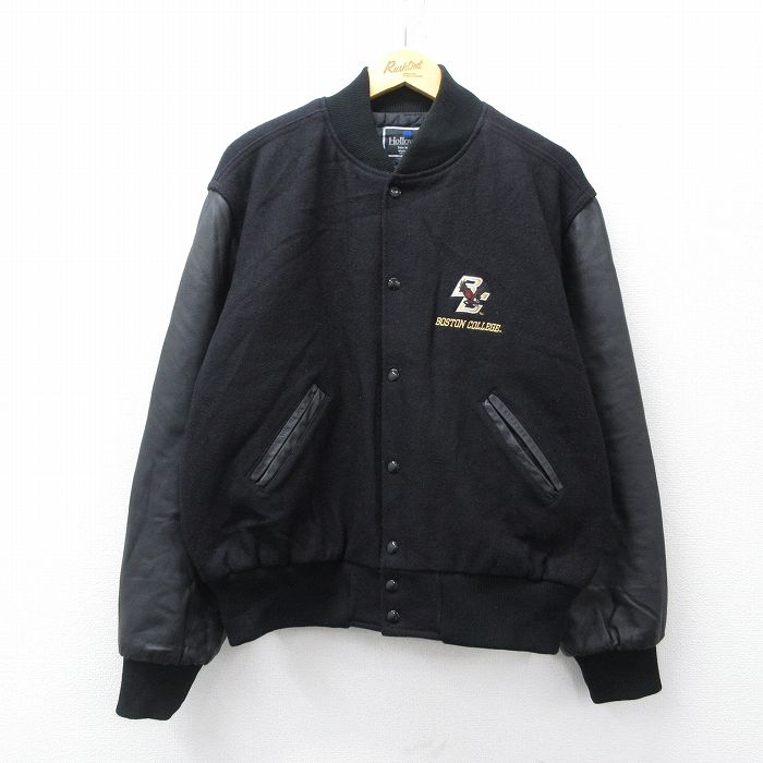 XL★古着 ホロウェイ 長袖 スタジャン メンズ 90年代 90s BOSTON COLLEGE 袖レザー ウール USA製 黒 25nov13