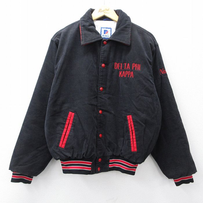 XL★古着 長袖 スタジャン メンズ 90年代 90s DELTA コーデュロイ USA製 黒他 内側キルティング 25nov13