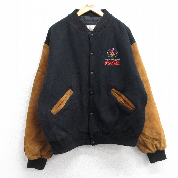 XL★古着 長袖 スタジャン メンズ 90年代 90s アトランタ オリンピック コカコーラ 袖レザー ツートンカラー 大きいサイズ ウール USA製 黒他 内側キルティング【spe】 25dec10