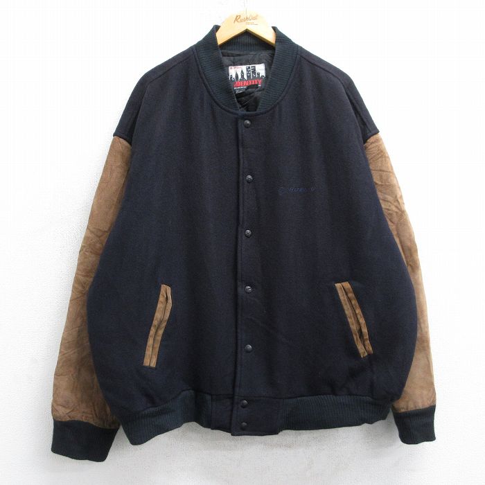 XL★古着 長袖 スタジャン メンズ 90年代 90s ボーイング 袖レザー ツートンカラー 大きいサイズ ウール カナダ製 濃紺他 内側キルティング 25dec10