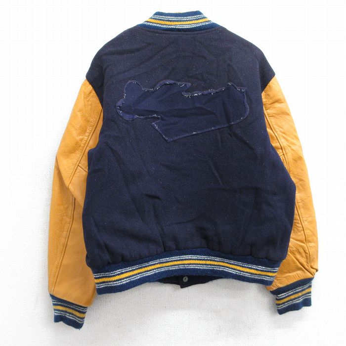 XL★古着 長袖 スタジャン メンズ 90年代 90s 袖レザー ツートンカラー ウール 紺他 内側キルティング 25dec10
