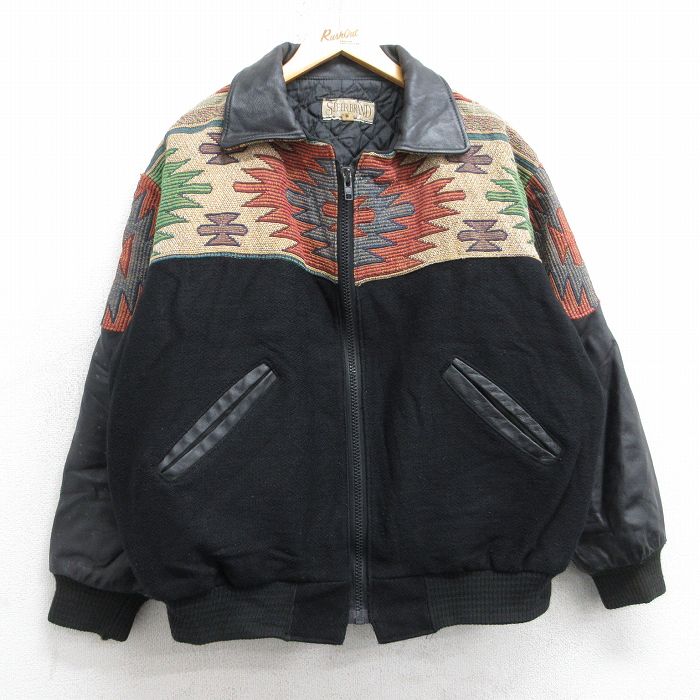 XL★古着 長袖 スタジャン メンズ 90年代 90s ネイティブ柄 ラグ柄 襟付き 袖レザー ウール USA製 黒他 内側キルティング【spe】 25dec10