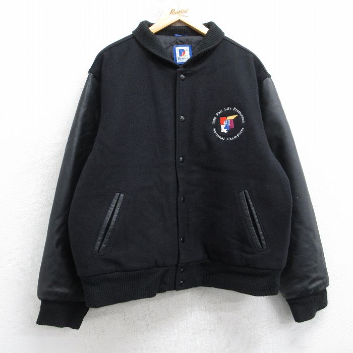 XL★古着 長袖 スタジャン メンズ 90年代 90s ♯1 袖レザー USA製 黒 内側キルティング 25dec10