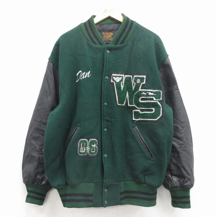 XL★古着 スクーカム 長袖 スタジャン メンズ 00年代 00s WS 袖レザー ツートンカラー ウール 緑【spe】 25dec18