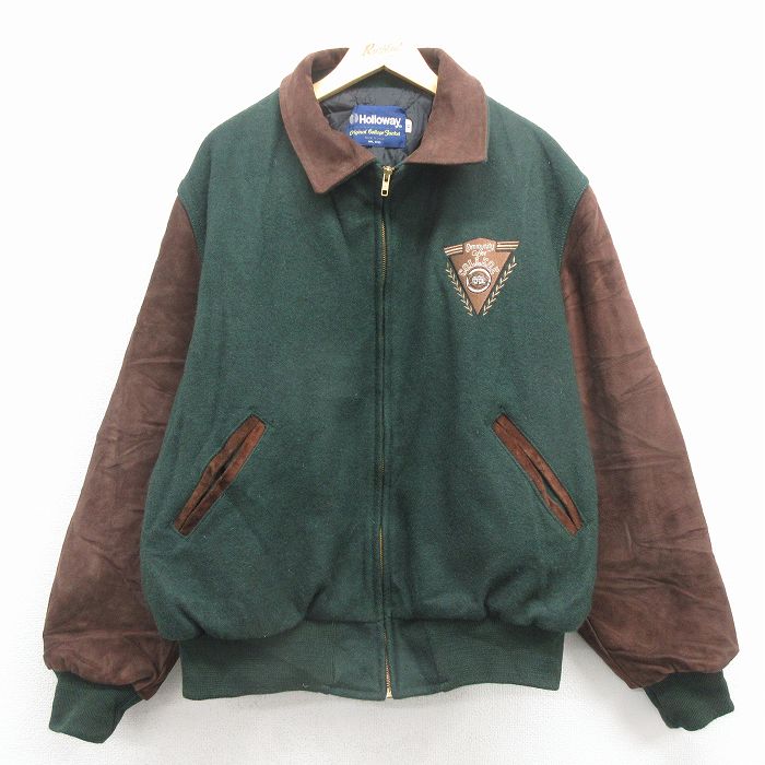 XL★古着 ホロウェイ 長袖 スタジャン メンズ 90年代 90s カレッジ 袖スエード 大きいサイズ ツートンカラー USA製 緑【spe】 25dec18