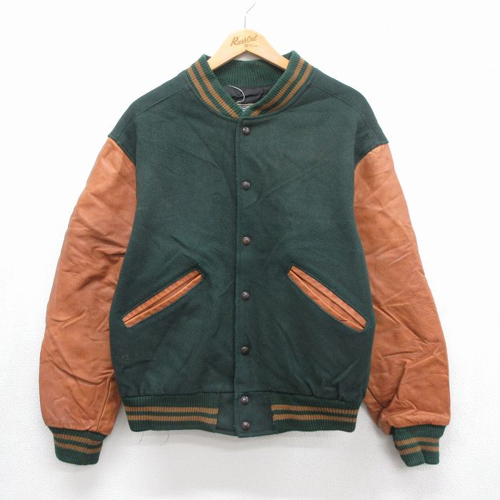 90s 長袖スタジャン 袖レザー グリーン メンズL相当 | 古着