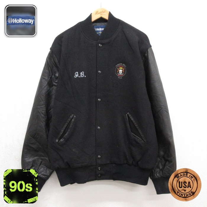 Holloway ホロウェイ 長袖 スタジャン 90s 刺繍ロゴ 袖レザー USA製 ブラック メンズXL相当 | 古着