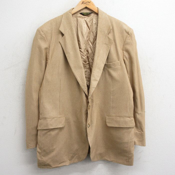 【50%OFF】L★古着 長袖 テーラード ジャケット メンズ 90年代 90s 千鳥格子 ロング丈 USA製 ベージュ カーキ 25jan06 中古 アウター
