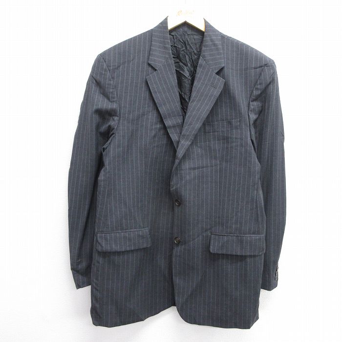 【50%OFF】L★古着 ラルフローレン Ralph Lauren 長袖 ブランド テーラード ジャケット メンズ ロング丈 ウール 濃グレー ストライプ 25jan14 中古 アウター