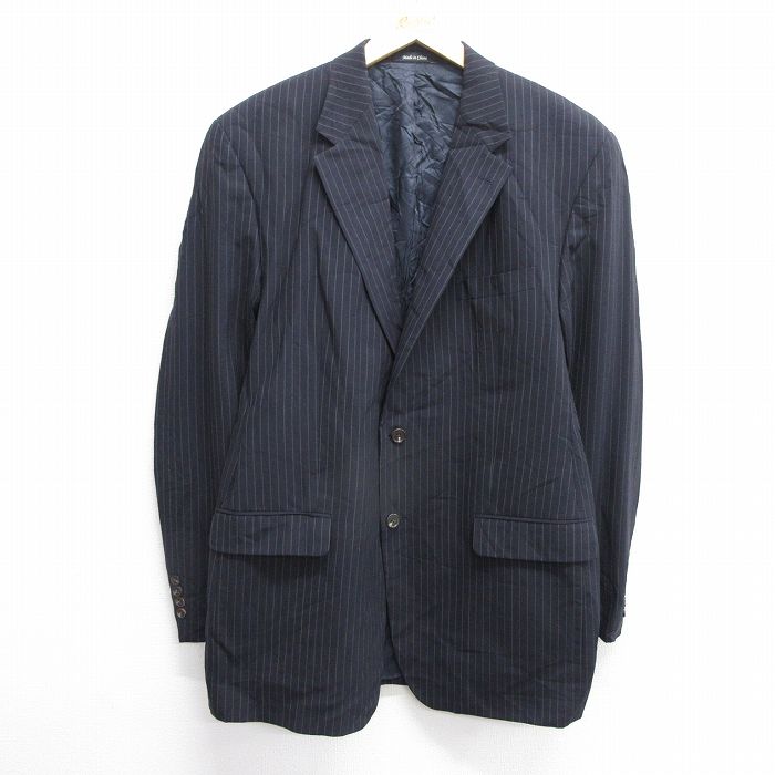 【50%OFF】L★古着 ラルフローレン Ralph Lauren 長袖 ブランド テーラード ジャケット メンズ ロング丈 ウール 紺他 ネイビー ストライプ 25jan14 中古 アウター