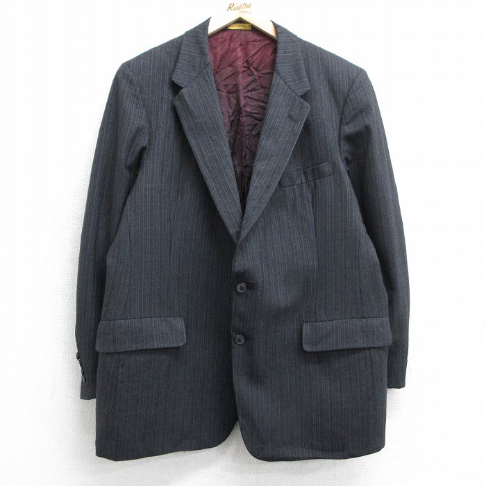 L★古着 クリスチャンディオール Christian Dior 長袖 ブランド テーラード ジャケット メンズ 90年代 90s ロング丈 ウール USA製 濃グレー他 ストライプ 【spe】 25feb01 中古 アウター