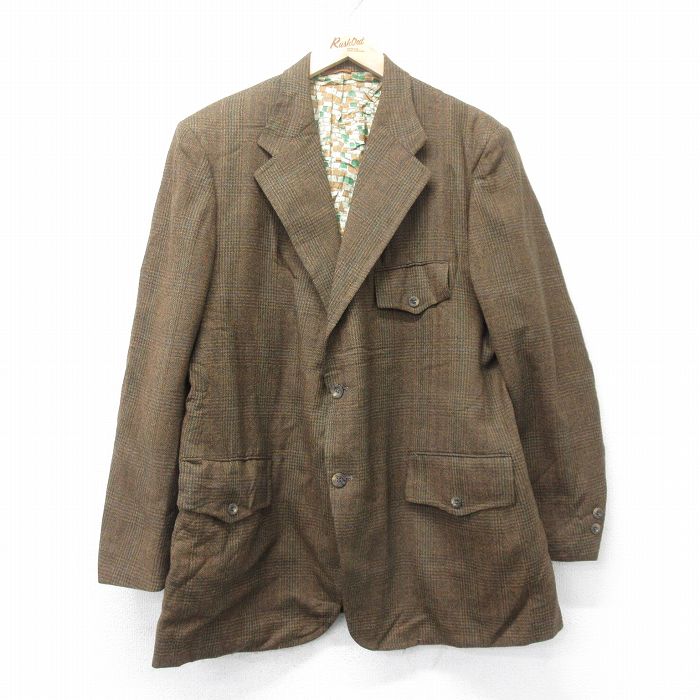 L★古着 長袖 テーラード ジャケット メンズ 90年代 90s ロング丈 ウール USA製 茶他 ブラウン チェック 25feb04 中古 アウター