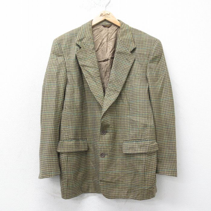 M★古着 長袖 テーラード ジャケット メンズ 90年代 90s 千鳥格子 ウール USA製 緑他 グリーン チェック 25feb04 中古 アウター