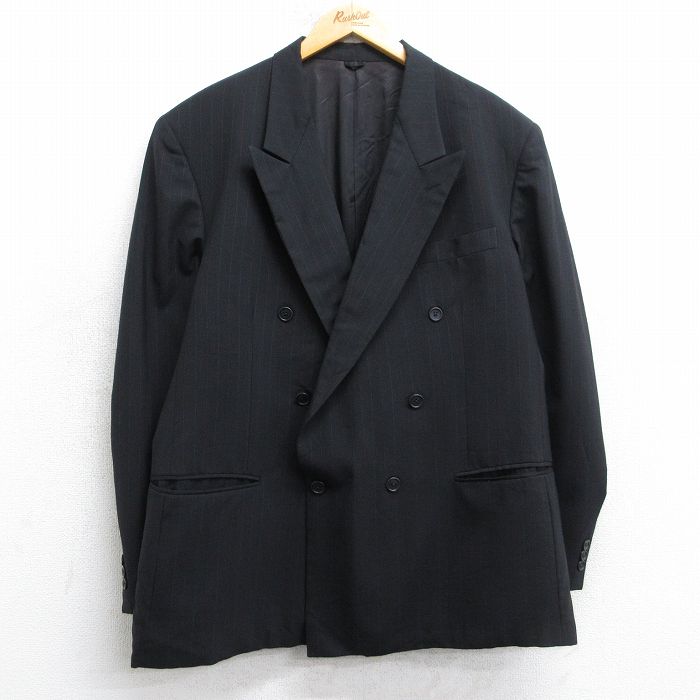 L★古着 ジバンシー 長袖 テーラード ジャケット メンズ 90年代 90s ロング丈 ウール USA製 黒他 ストライプ 25nov13