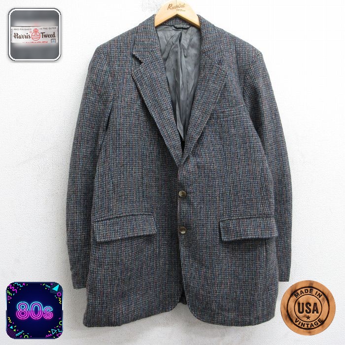 【50%OFF】ハリスツイード 80s テーラードジャケット 手織り グレー M | 古着