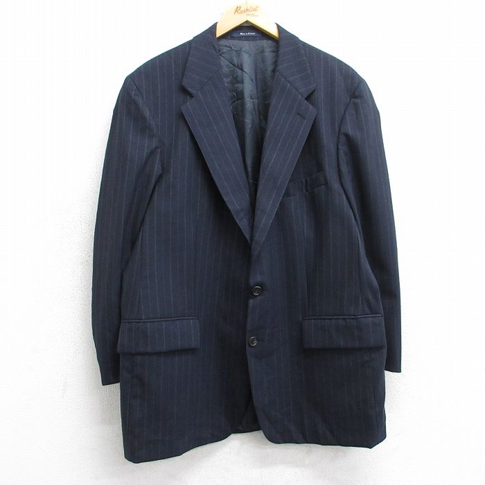 L★古着 ラルフローレン チャップス 長袖 ブランド テーラード ジャケット メンズ ロング丈 ウール カナダ製 濃紺他 ストライプ 25dec11