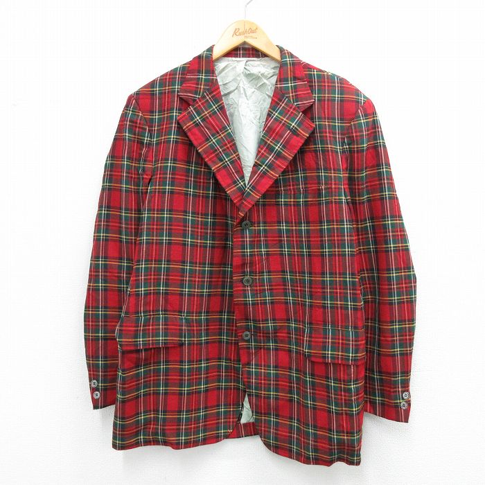 L★古着 JOS A BANK 長袖 テーラード ジャケット メンズ 80年代 80s ロング丈 ウール USA製 赤他 タータン チェック26feb03