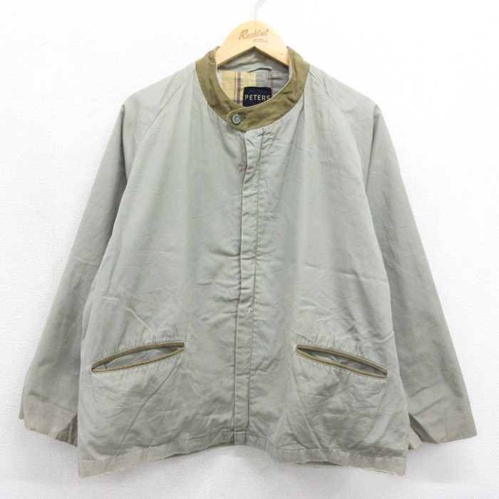 XL★古着 PETERS 長袖 ビンテージ ジャケット メンズ 60年代 60s チェック裏地 ノーカラー カーキ【spe】 26sep04