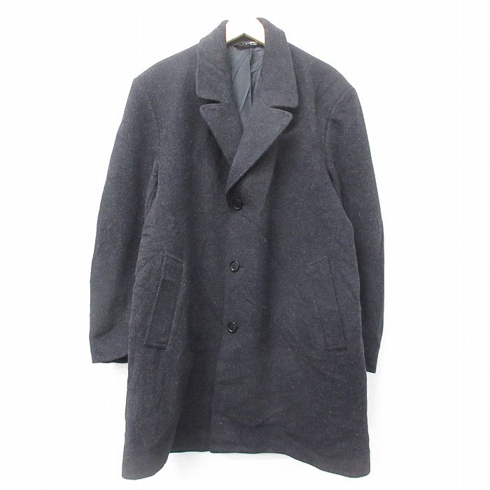 【50%OFF】XL★古着 長袖 ウール コート メンズ 黒 ブラック 24nov21 中古 アウター