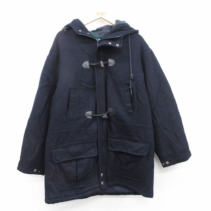 【50%OFF】XL★古着 長袖 ウール ダッフル コート パーカー メンズ 90年代 90s 大きいサイズ　ロング丈 濃紺 ネイビー 内側キルティング 【spe】 24dec20 中古 アウター