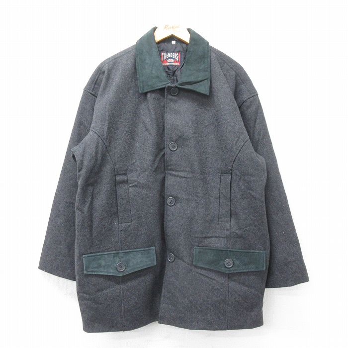 【50%OFF】XL★古着 長袖 ウール ジャケット メンズ 90年代 90s 襟レザー 大きいサイズ ロング丈 濃グレー 霜降り 25jan09 中古 アウター