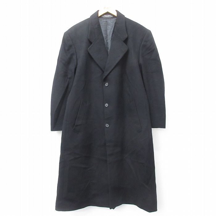 【50%OFF】XL★古着 長袖 ウール コート メンズ 大きいサイズ ロング丈 カシミヤ カシミア 黒 ブラック 25jan21 中古 アウター