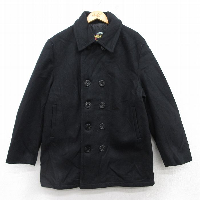 【50%OFF】L★古着 長袖 ウール ピーコート Pコート メンズ 90年代 90s ロング丈 USA製 黒 ブラック 内側キルティング 【spe】 25jan28 中古 アウター