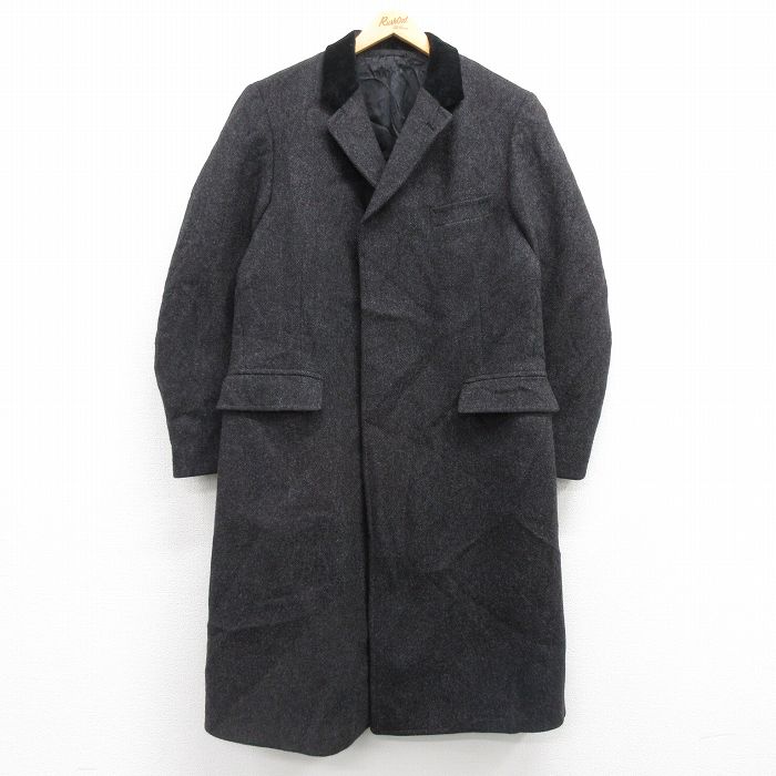 L★古着 長袖 ウール コート メンズ 90年代 90s 襟ベロア ロング丈 黒 ブラック 25jan29 中古 アウター