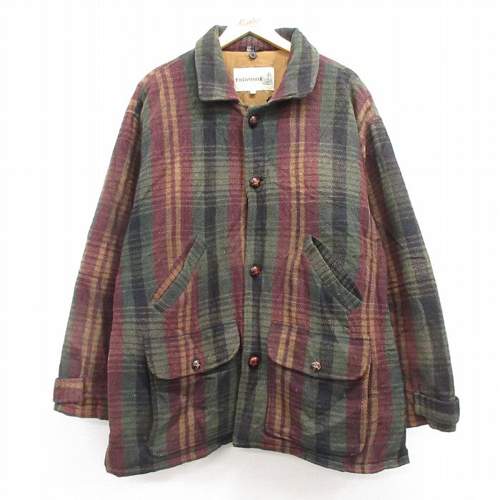 【50%OFF】XL★古着 長袖 ウール ジャケット メンズ 00年代 00s 大きいサイズ ロング丈 緑他 グリーン チェック 内側キルティング 25jan29 中古 アウター