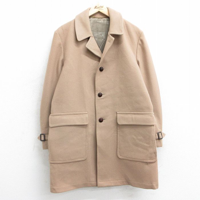 【50%OFF】M★古着 長袖 ウール コート メンズ 80年代 80s ロング丈 ベージュ カーキ 内側ウール 25jan31 中古 アウター