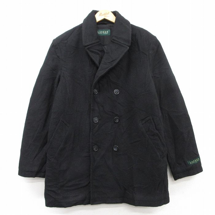 【50%OFF】L★古着 ラルフローレン Ralph Lauren 長袖 ブランド ウール ピーコート Pコート メンズ ロング丈 黒 ブラック 内側キルティング 25feb04 中古 アウター