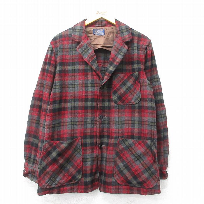 L★古着 ペンドルトン PENDLETON 長袖 ビンテージ ウール ジャケット メンズ 60年代 60s 赤他 レッド チェック 【spe】 25feb03 中古 アウター