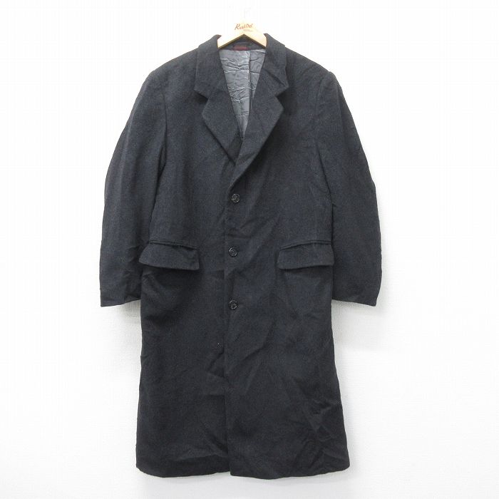 M★古着 長袖 ウール コート メンズ ロング丈 黒 ブラック 25feb04 中古 アウター