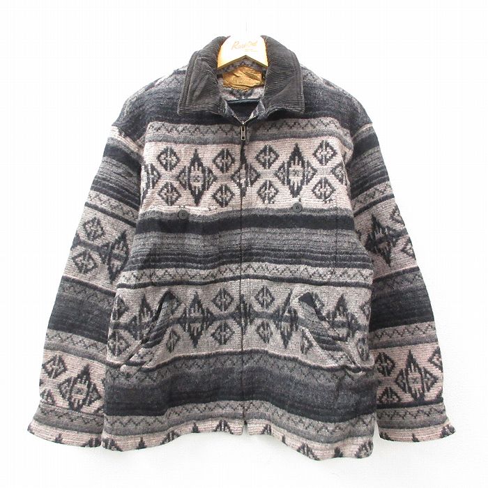 L★古着 ウールリッチ WOOLRICH 長袖 ウール ジャケット メンズ 90年代 90s ネイティブ柄 ラグ柄 襟コーデュロイ USA製 黒他 ブラック 【spe】 25feb05 中古 アウター