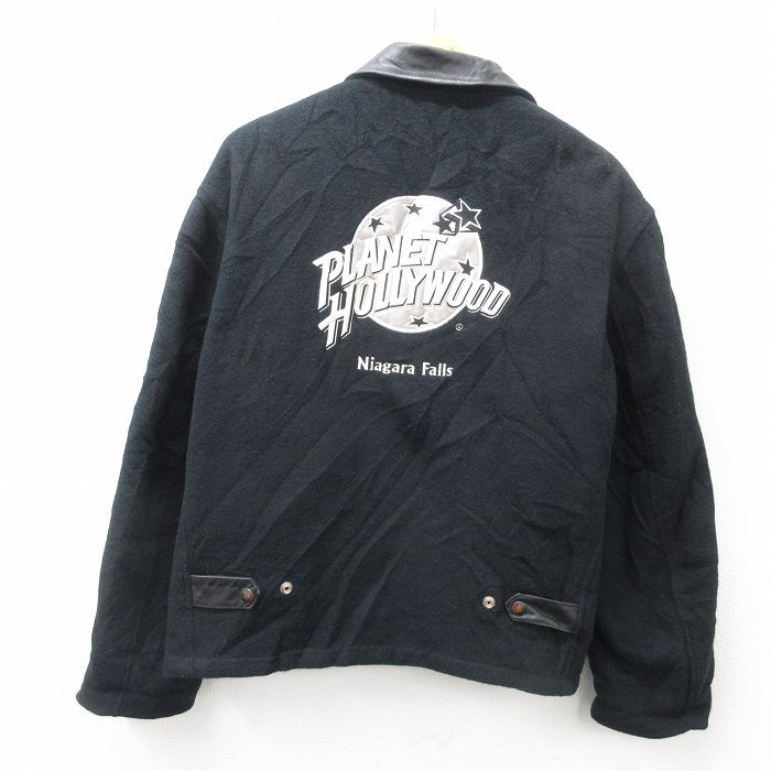 XL★古着 長袖 ウール ジャケット メンズ 90年代 90s プラネットハリウッド 刺繍 襟レザー USA製 黒 ブラック 内側キルティング 25feb05 中古 アウター