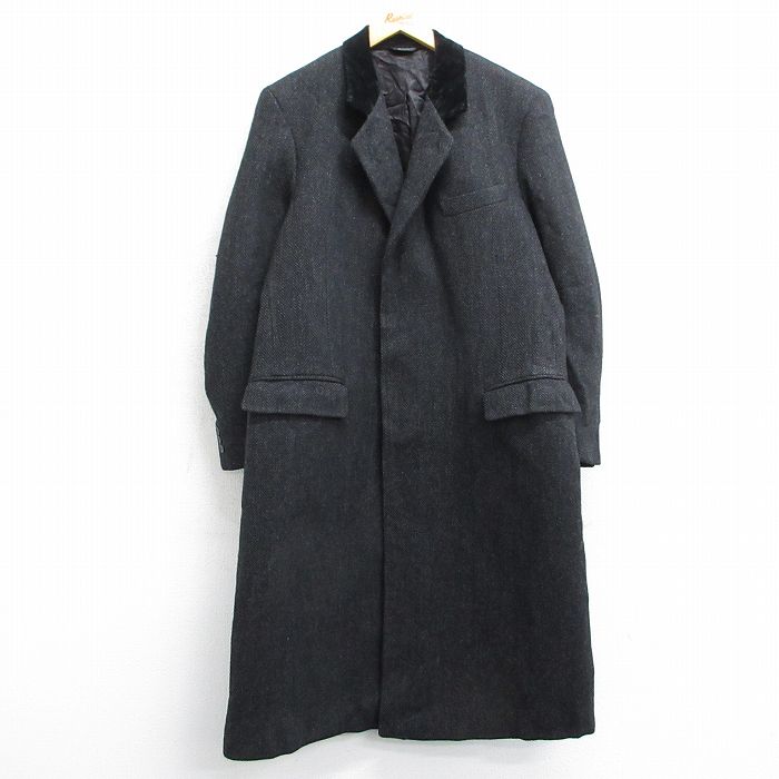 L★古着 長袖 ウール コート メンズ 90年代 90s ツイード ベロア ロング丈 USA製 黒他 ブラック 25feb07 中古 アウター